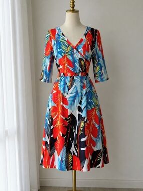 Tropical Print V-Neck Midi Dress in Red & Blue